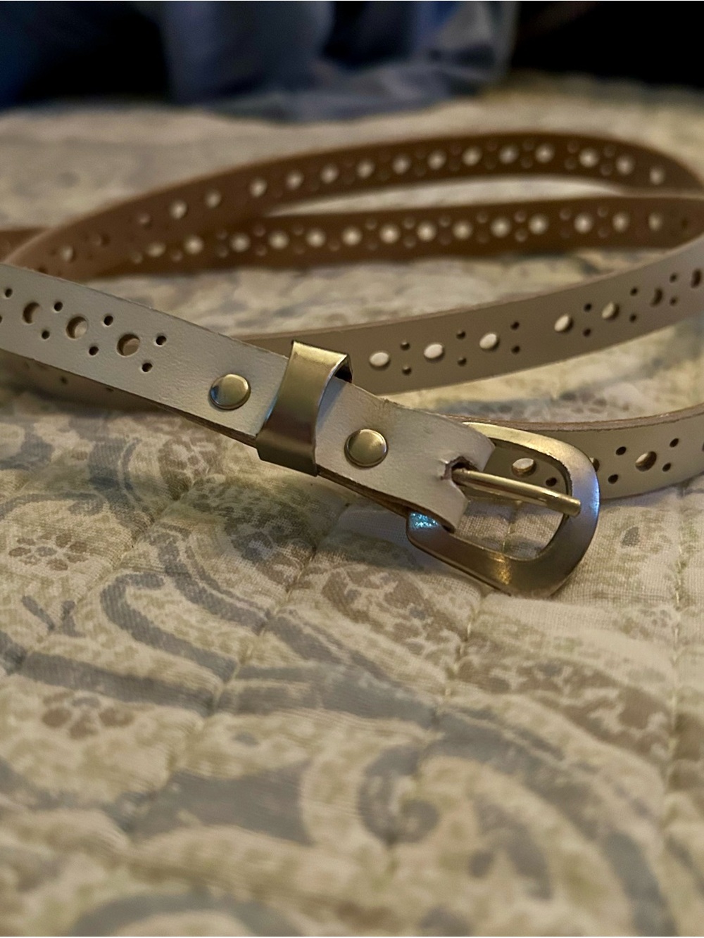 Women's White Perforated Leather Belt with Silver Buckle